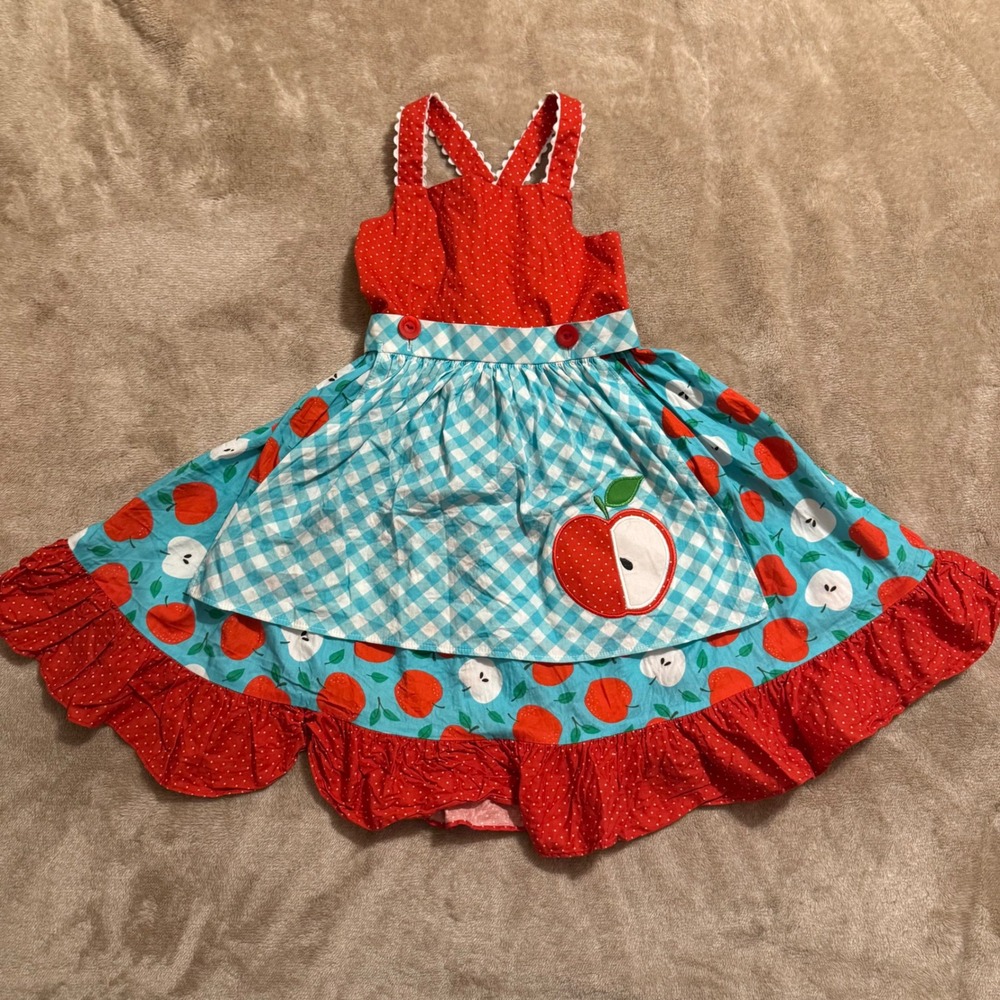 Ricrac & Ruffles Girls Apple Gingham Polka Dot Ruffle Dress Size 6